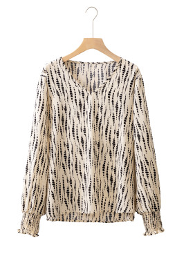 Apricot Abstract Print Puff Sleeve Smocked Cuffs Blouse