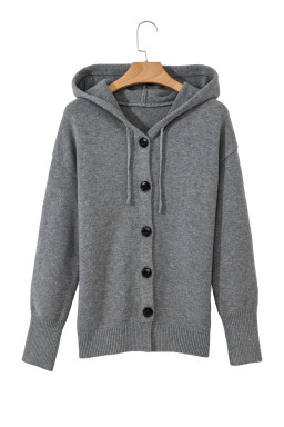 Medium Grey Hooded Button Up Drop Shoulder Sweater Cardigan