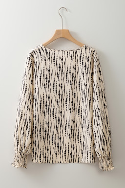 Apricot Abstract Print Puff Sleeve Smocked Cuffs Blouse
