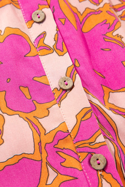 Pink Floral Print Batwing Sleeve Button Loose Fit Blouse