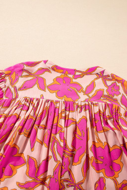 Pink Floral Print Batwing Sleeve Button Loose Fit Blouse