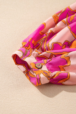 Pink Floral Print Batwing Sleeve Button Loose Fit Blouse