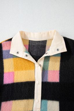 Black Checkered Pocketed Half Button Collared Sweatshirt