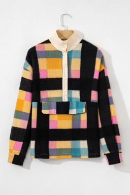Black Checkered Pocketed Half Button Collared Sweatshirt