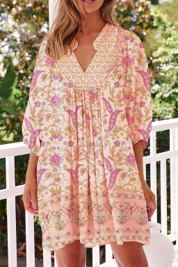 Pink Floral Print Pleated Mini Dress