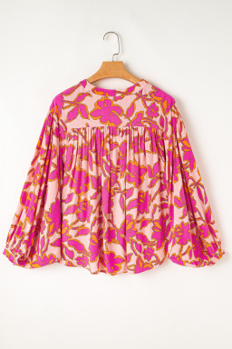 Pink Floral Print Batwing Sleeve Button Loose Fit Blouse
