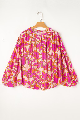 Pink Floral Print Batwing Sleeve Button Loose Fit Blouse