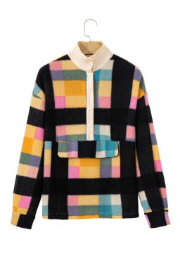Black Checkered Pocketed Half Button Collared Sweatshirt