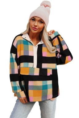 Black Checkered Pocketed Half Button Collared Sweatshirt