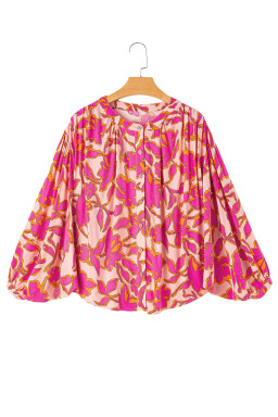 Pink Floral Print Batwing Sleeve Button Loose Fit Blouse