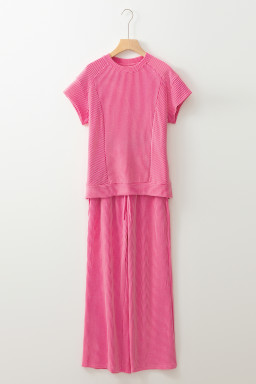 Bright Pink Solid Corded Short Sleeve T Shirt and Wide Leg Pants Set