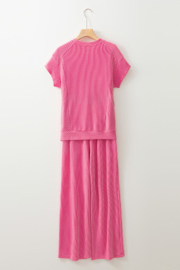 Bright Pink Solid Corded Short Sleeve T Shirt and Wide Leg Pants Set
