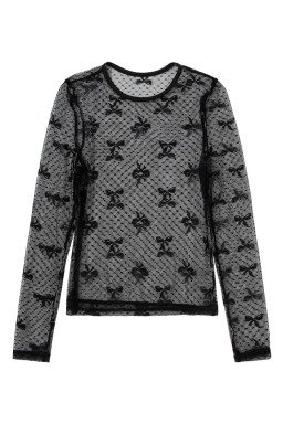 Black Dotted Bow Pattern Mesh Long Sleeve Top