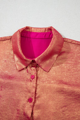 Rose Red Metallic Sheen Short Sleeve Plus Size Shirt