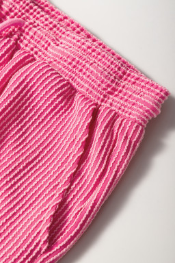 Bright Pink Solid Corded Short Sleeve T Shirt and Wide Leg Pants Set