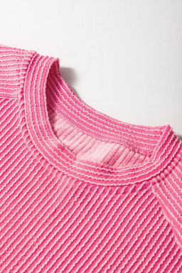 Bright Pink Solid Corded Short Sleeve T Shirt and Wide Leg Pants Set