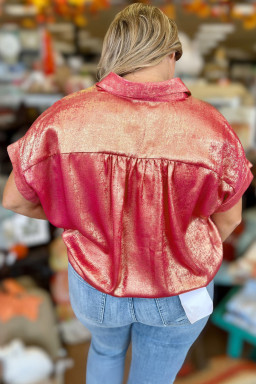 Rose Red Metallic Sheen Short Sleeve Plus Size Shirt