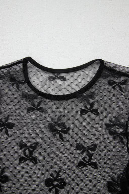 Black Dotted Bow Pattern Mesh Long Sleeve Top