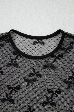 Black Dotted Bow Pattern Mesh Long Sleeve Top