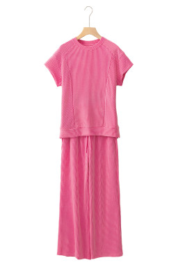 Bright Pink Solid Corded Short Sleeve T Shirt and Wide Leg Pants Set