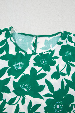 Green Floral Print Ruffle Short Sleeve Loose Blouse