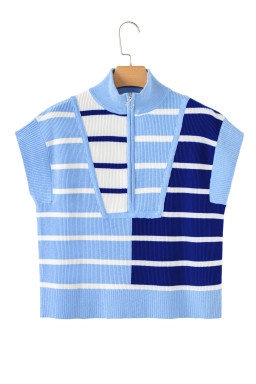 Sky Blue Stripe Quarter Zip Collar Knit Vest