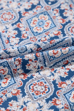 Blue Boho Geometric Print Lace Ricrac Raglan Sleeve Blouse