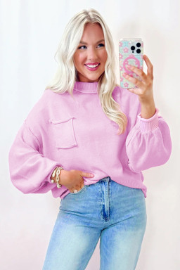 Pink Solid Color Pocket  Bishop Sleeve Knit Sweater