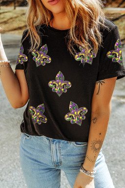 Black Mardi Gras Sequin Fleur De Lis Graphic T Shirt