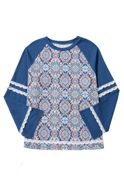 Blue Boho Geometric Print Lace Ricrac Raglan Sleeve Blouse
