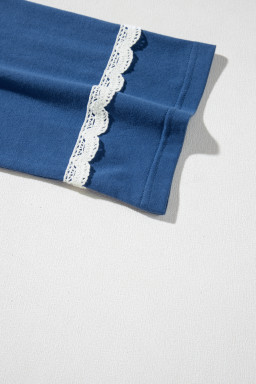 Blue Boho Geometric Print Lace Ricrac Raglan Sleeve Blouse