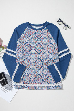 Blue Boho Geometric Print Lace Ricrac Raglan Sleeve Blouse
