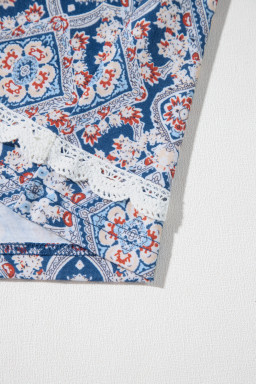 Blue Boho Geometric Print Lace Ricrac Raglan Sleeve Blouse