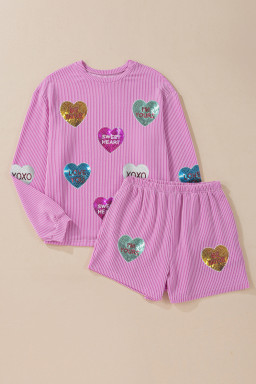 Phalaenopsis Valentines Sequin Heart Graphic Corded Long Sleeve and Shorts Set