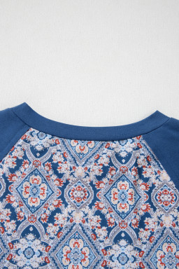Blue Boho Geometric Print Lace Ricrac Raglan Sleeve Blouse