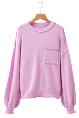 Pink Solid Color Pocket  Bishop Sleeve Knit Sweater