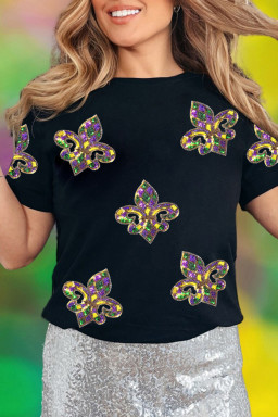 Black Mardi Gras Sequin Fleur De Lis Graphic T Shirt