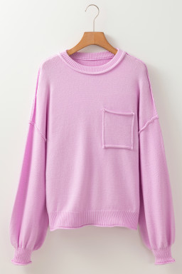 Pink Solid Color Pocket  Bishop Sleeve Knit Sweater