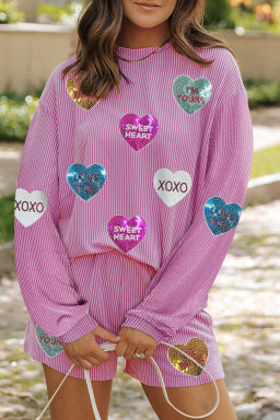 Phalaenopsis Valentines Sequin Heart Graphic Corded Long Sleeve and Shorts Set