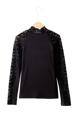 Black Floral Lace Patchwork Long Sleeve Slim Top
