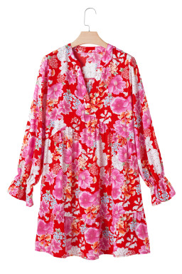 Red Floral Print High Waist V Neck Babydoll Mini Dress