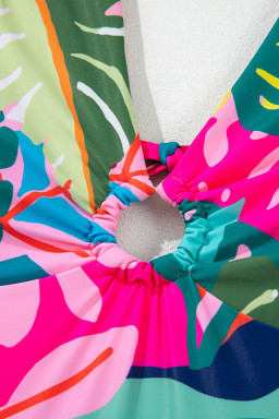 Green Tropical Print V Neck Tied Backless One Piece Swimsuit