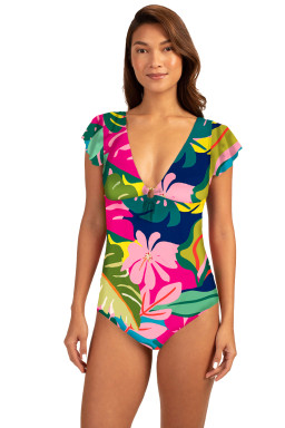 Green Tropical Print V Neck Tied Backless One Piece Swimsuit