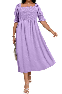 Wisteria Swiss Dot Smocked Frill Square Neck Plus Size Dress