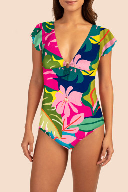 Green Tropical Print V Neck Tied Backless One Piece Swimsuit