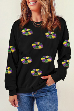 Black Sequin Donuts Graphic Mardi Gras Drop Shoulder Sweatshirt