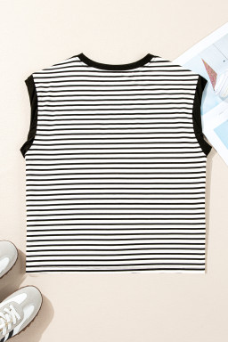 Black Stripe Chest Pocket Patch Round Neck Sleeveless Tee