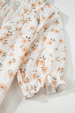 Khaki Eyelet Notch V Neck Puff Sleeve Floral Blouse