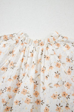 Khaki Eyelet Notch V Neck Puff Sleeve Floral Blouse