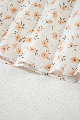 Khaki Eyelet Notch V Neck Puff Sleeve Floral Blouse